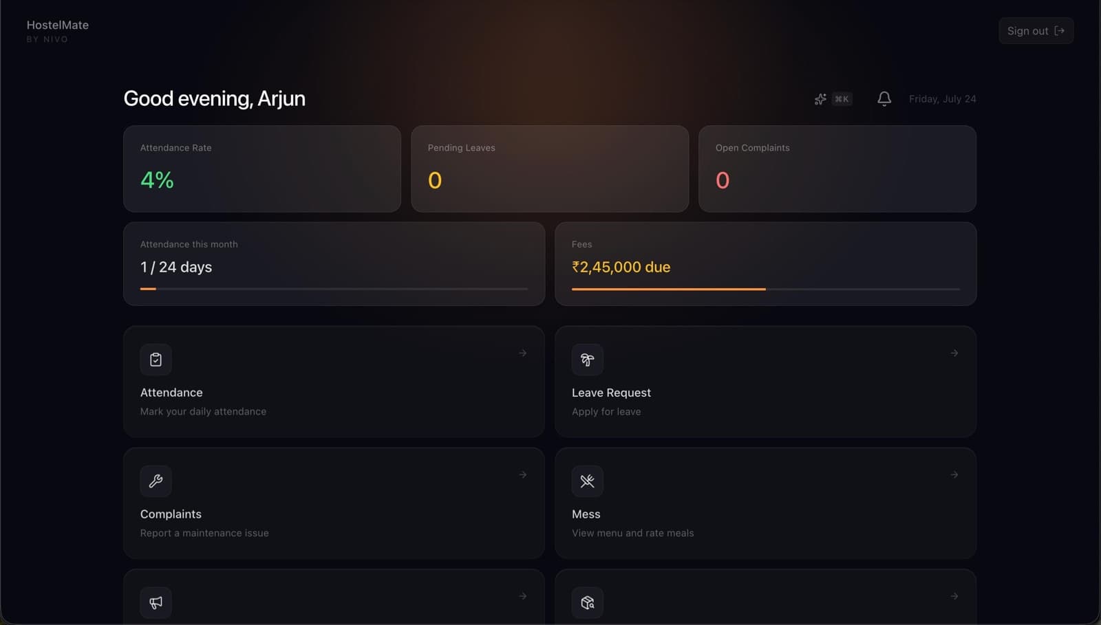 HostelMate student dashboard showing attendance rate, pending leaves, complaints and fees due