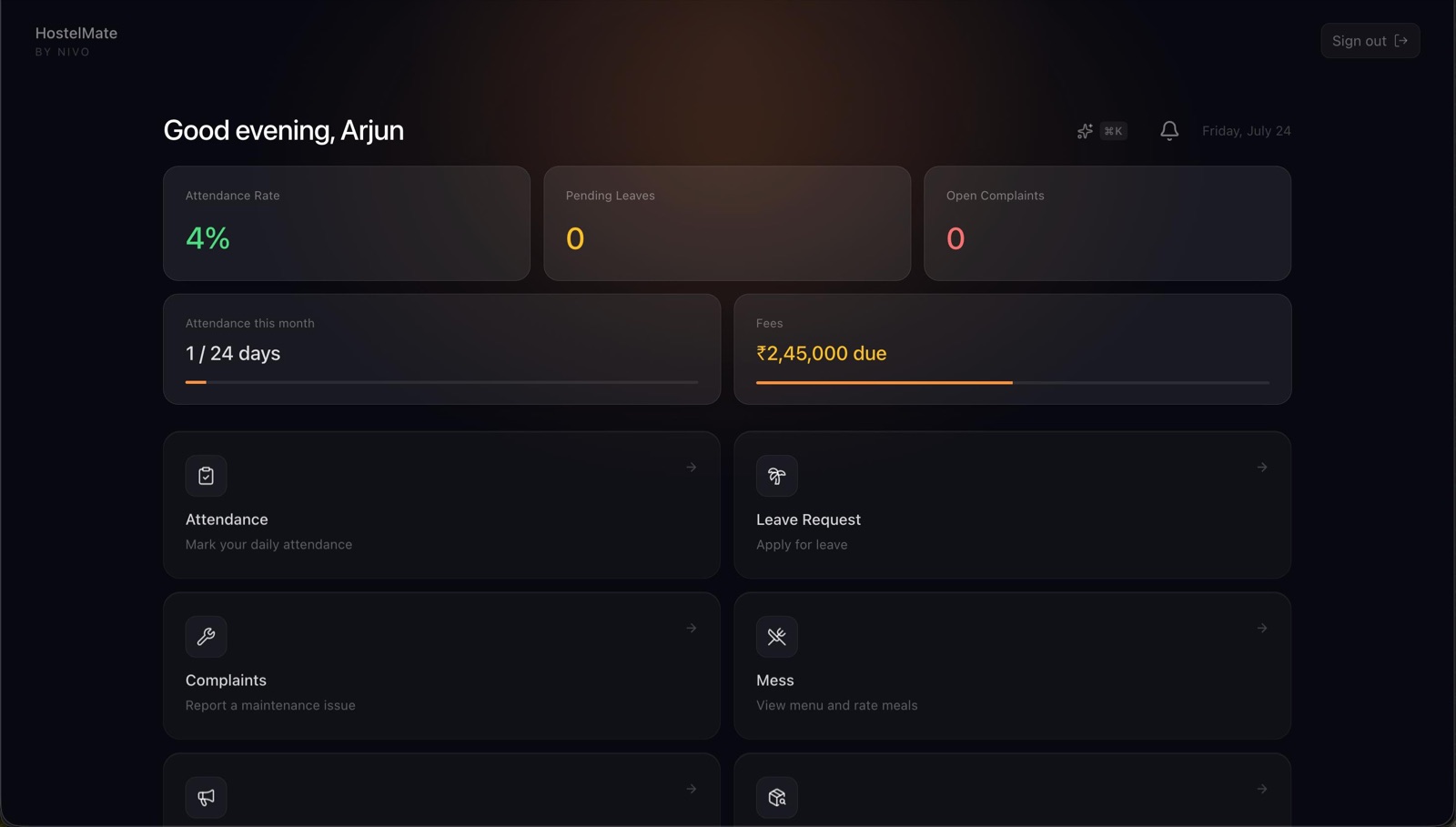 HostelMate student dashboard showing attendance rate, pending leaves, complaints and fees due